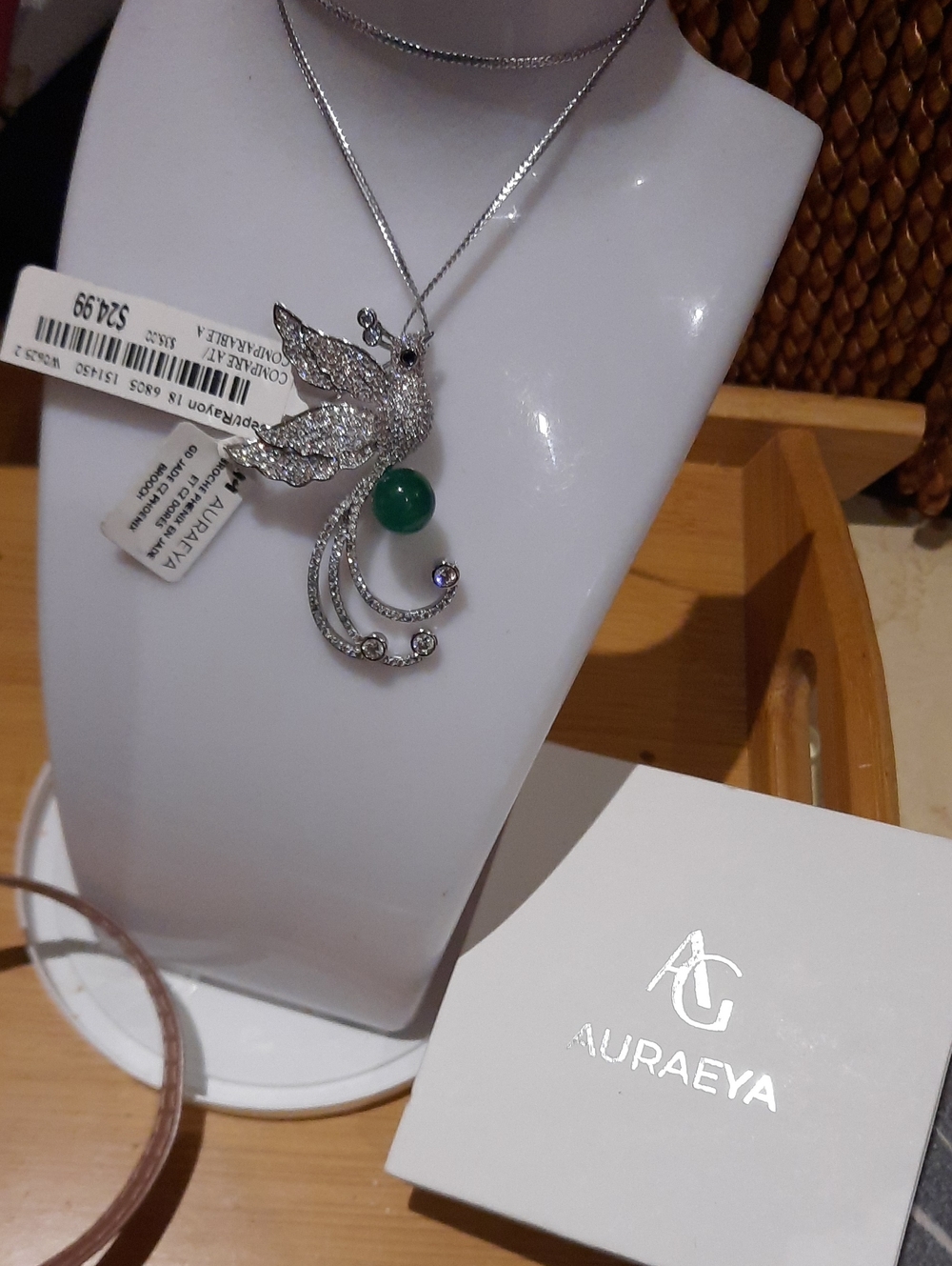 Silver Bird Pendant Necklace with Green Stone